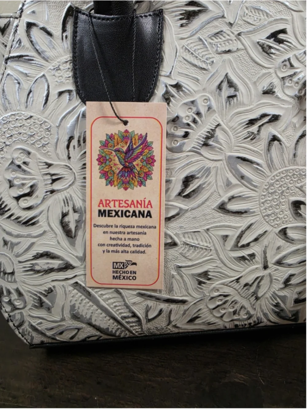Black White Silver Embossed Tooled Artisan LEATHER Shoulder Bag Purse Crossbody